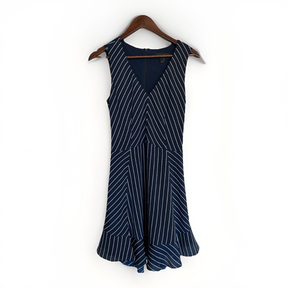 J‎ Crew Navy Blue Pinstripe Flounce Sleeveless Dress 2 Nautical Preppy